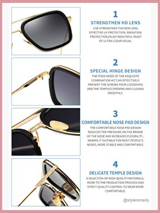Vintage Aviator Square Sunglasses Gold Frame Retro Tony Stark Design